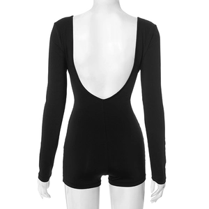 Back view of a tight black long-sleeve bodysuit with a deep U-neck open back design