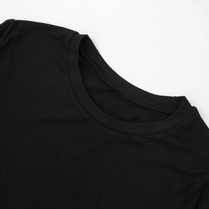 Detailed close-up of the crew neck design and stitching on this black long sleeve top