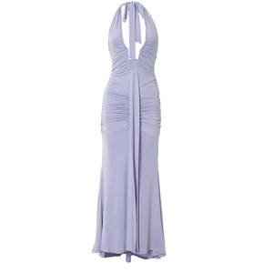 Detail of lavender halter neck dress showing V-neckline and ruched pleated fabric texture