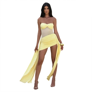 Sexy strapless pale yellow mini dress with mesh waist detail and long side streamers