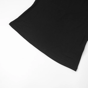 Detail of double-needle stitching on the hem of a black long-sleeve wide-leg set