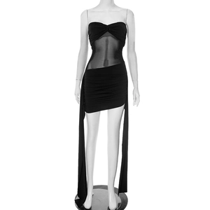 Detail of sexy black tube mini dress with sheer mesh waist insert and long side ribbons