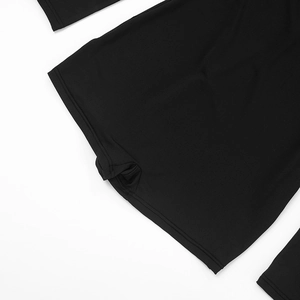 Detail of flatlock seams and premium elastic knit fabric on black long sleeve bodysuit