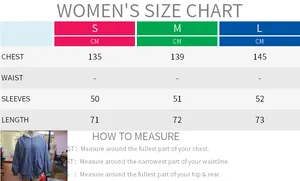 Women's reversible hooded jacket size chart with bust, sleeve and length details in cm
