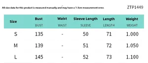 Size chart for reversible fleece hoodie ZTP1449 showing bust, sleeve and length details
