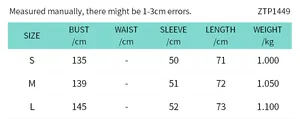 Detailed size chart for oversized hooded zip-up fleece jacket with S-L measurements