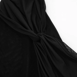 Detailed close-up showing the twisted knot design and mesh fabric texture of the black dress