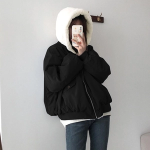 Detail of casual hooded jacket with white faux shearling lining and sleeve pocket design