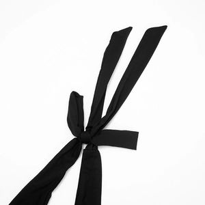 Detail of elegant black dress showing high-elasticity fabric neck tie and bow knot finish