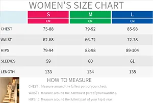 Women's elegant long dress size guide chart with measurements for chest waist and hips