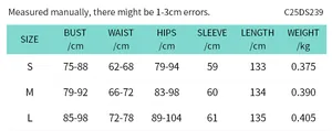 Size chart for casual long dress with measurements for bust, waist, hips, and length