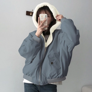 Loose-fit hooded fleece jacket for women with gray-blue shell and white lining