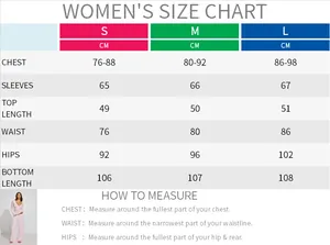 Detailed women's size chart for long sleeve top and drawstring pants loungewear set