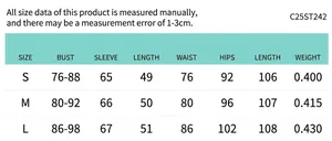 Detailed size chart for women's two-piece casual set showing S to L measurements