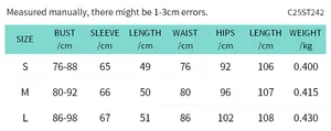 Detailed size chart for women's long sleeve top and pants set showing S, M, L measurements