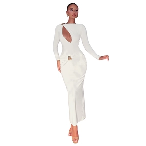 Elegant white slim fit long sleeve maxi dress with stylish cutout and gold buckle detail