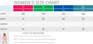 Women's pink puffer vest size chart with measurements for chest, waist, and length