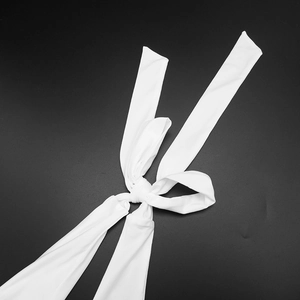 Detail shot of the elegant white halter neck tie and pleated fabric texture for women