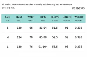 Detailed size chart with measurements for the batwing sleeve deep V-neck bodycon mini dress