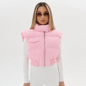 Women's pink stand collar puffer vest with zipper closure and decorative pocket