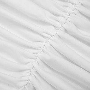 Detail view of the elegant white ruched fabric and textured stitching of the long dress