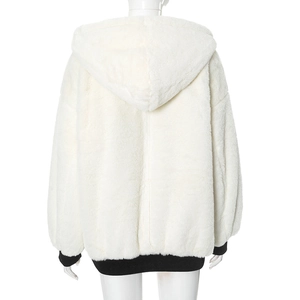 Rear view of white faux fur hooded jacket with black ribbed knit cuffs and hem detail