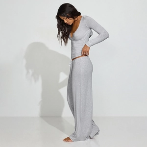 Side view detail of grey lounge set featuring ribbed texture and drawstring waist