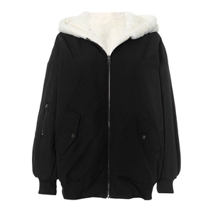Detail of the warm white faux fur lining and black cotton outer of the hooded parka jacket