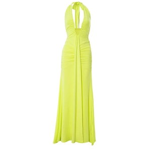 Detail of lime green halter dress with elegant deep V-neck and ruched waist design