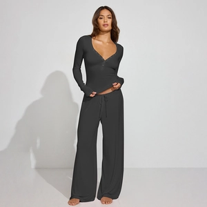 Women's dark grey long sleeve lounge set with button V-neck and drawstring wide leg pants