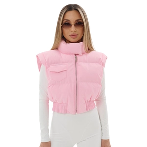 Pink cropped puffer vest with stand collar, metallic zipper and elastic waist detail