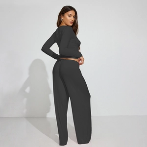 Women's two-piece casual lounge set with dark grey long sleeve top and wide leg pants