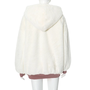 Rear view of white plush hoodie with contrasting pink ribbed cuffs and hem detail
