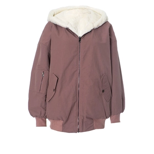 Detail of mauve hooded jacket with white faux fur lining and utility sleeve pocket
