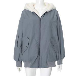 Detail view of a grey hooded bomber jacket featuring white fleece lining and utility pockets