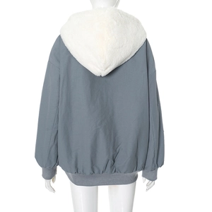 Rear view of grey hooded jacket featuring soft white faux shearling lining and ribbed hem