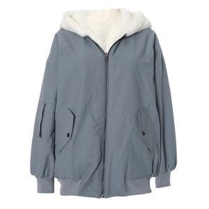 Detailed front view of gray-blue hooded jacket with warm white fleece lining and pockets