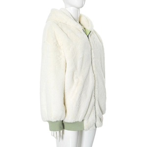 Close-up of white faux fur hoodie with light green ribbed hem and cuffs detail