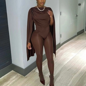 Body marron café ajusté avec manches en maille et collants assortis pour femmes