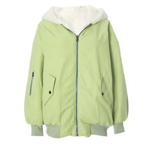 Detail of light green hooded jacket with plush fleece lining and sleeve utility pocket