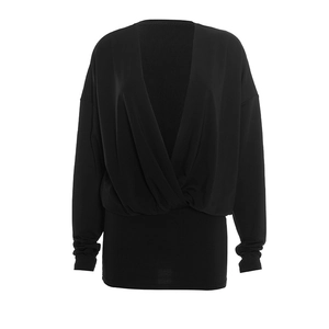 Close-up of black long sleeve deep V-neck cross front dress with pleated cuff details