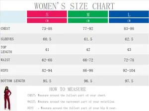 Women's two-piece set size chart showing chest, waist, and hip measurements in centimeters