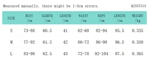 Detailed size chart for women long sleeve top and pants set with S, M, L measurements