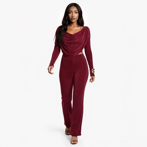 Women Cowl Neck Long Sleeve Top And Pants Outfit Solid Color Slim Fit Elegant Autumn Casual Clothing For Ladies
