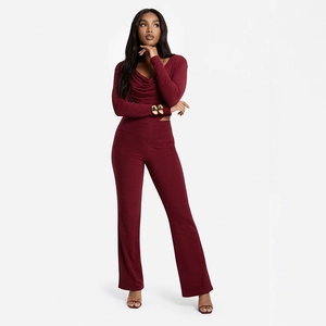 Burgundy cowl neck long sleeve top and high waist flared trousers set for women