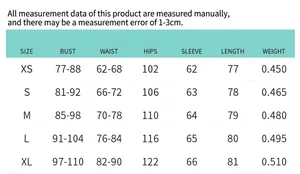Detailed size guide table for long sleeve slim fit dress showing XS to XL measurements