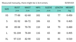 Detailed size chart for long sleeve slim dress featuring XS to XL body measurements