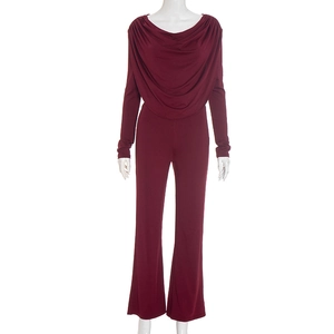 Detail of cowl neck draped design on dark burgundy long sleeve slim fit jumpsuit