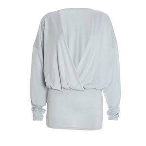 Detail view of the deep V-neckline and draped pleated design of the light blue mini dress