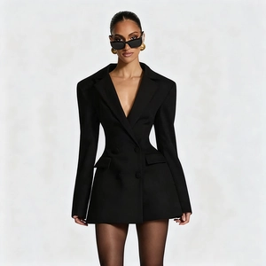 Close-up of a black double-breasted blazer dress with hourglass silhouette and shoulder pads